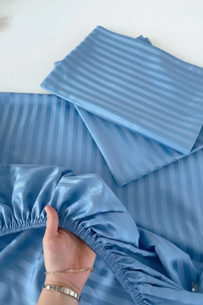 Luxury Stripe Fitted Bedsheet - King Size Sky 🔵