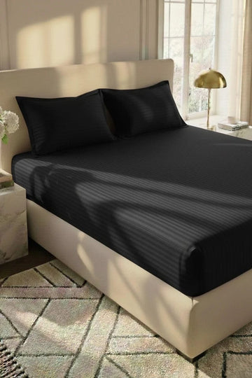 Luxury Stripe Fitted Bedsheet - King Size Black ⚫