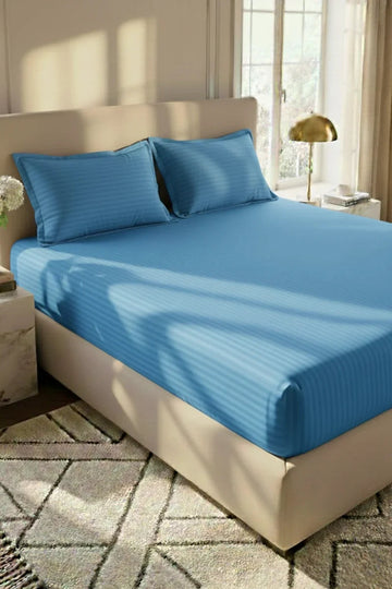 Luxury Stripe Fitted Bedsheet - King Size Sky 🔵