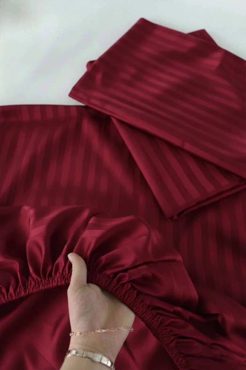 Luxury Stripe Fitted Bedsheet - King Size mehroon 🔴